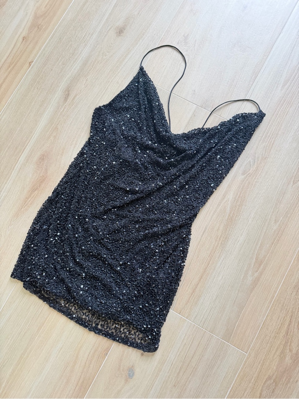 Retrofete Black Sequin cowl neck Spaghetti-Strap Dress